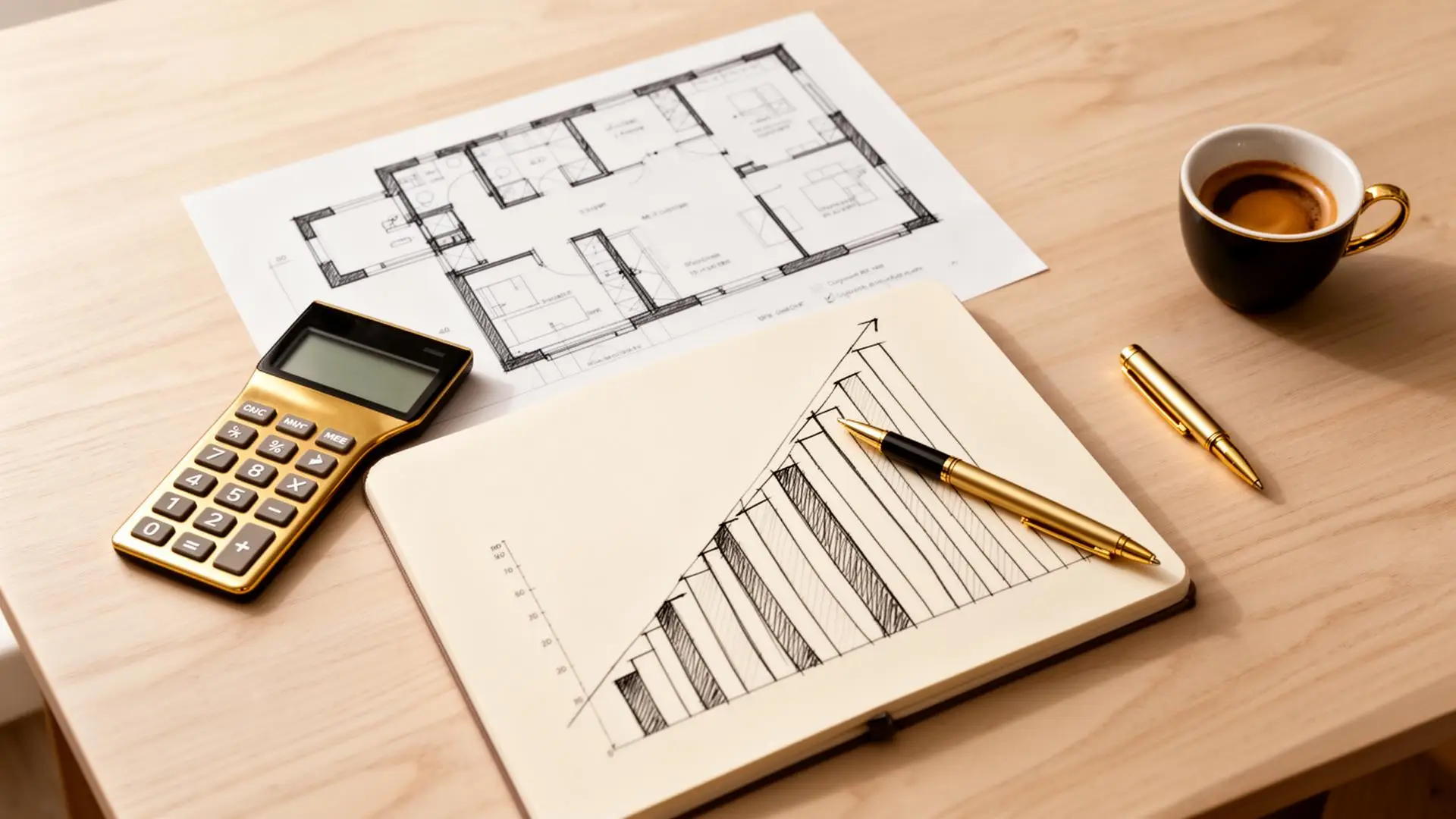 Calculadora, planta de imóvel e gráfico — como calcular ROI de imóvel de aluguel