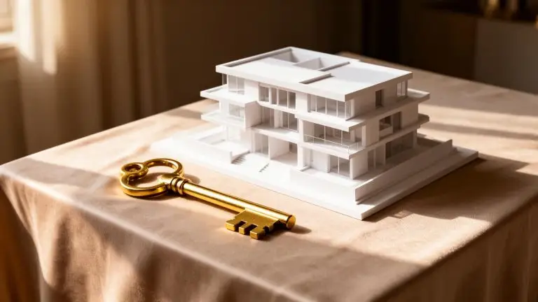 Maquete de prédio ao lado de chave dourada — comprar imóvel na planta ou pronto