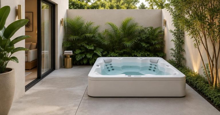 Hidromassagem compacta em quintal pequeno com piso nivelado e jardim, em ilustração conceitual