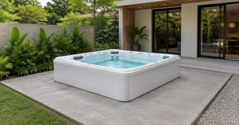 Peso do spa exige avaliação do apoio, representado por hidromassagem sobre piso térreo em ilustração conceitual