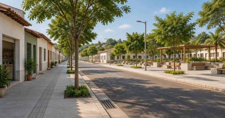Reurbanização Flexais Maceió: ilustração conceitual de rua com calçadas e praça; não representa uma intervenção executada